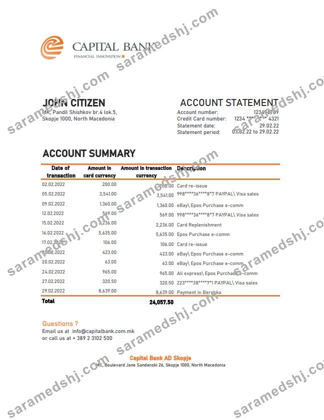 North Macedonia Capital Bank statement
